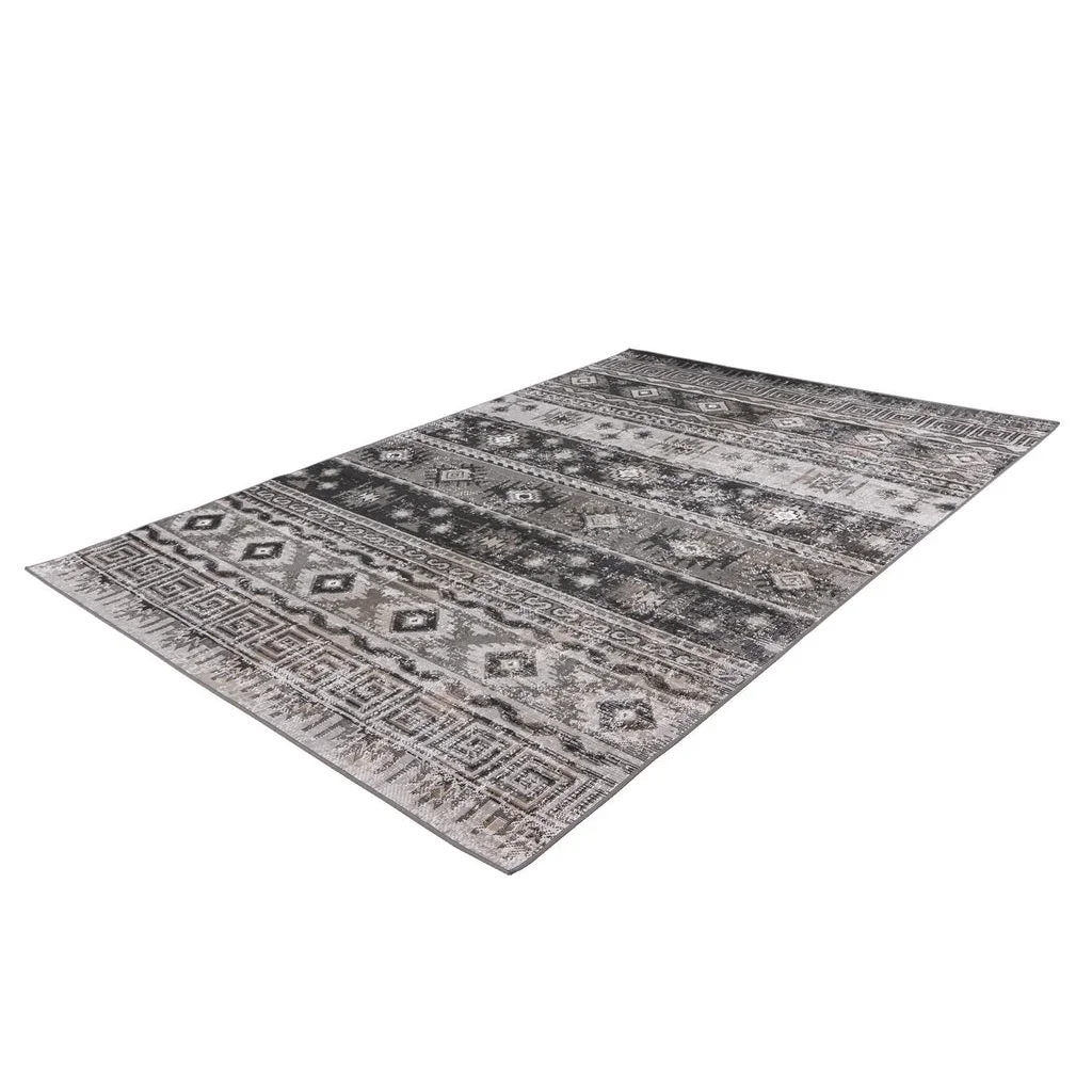 Tapis rectangulaire Ariya 300 Grau avec motif tribal en gris, noir et blanc