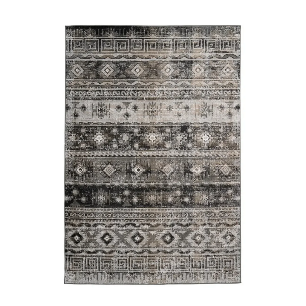 Tapis rectangulaire Ariya 300 Grau avec motif tribal distressed en gris noir et blanc