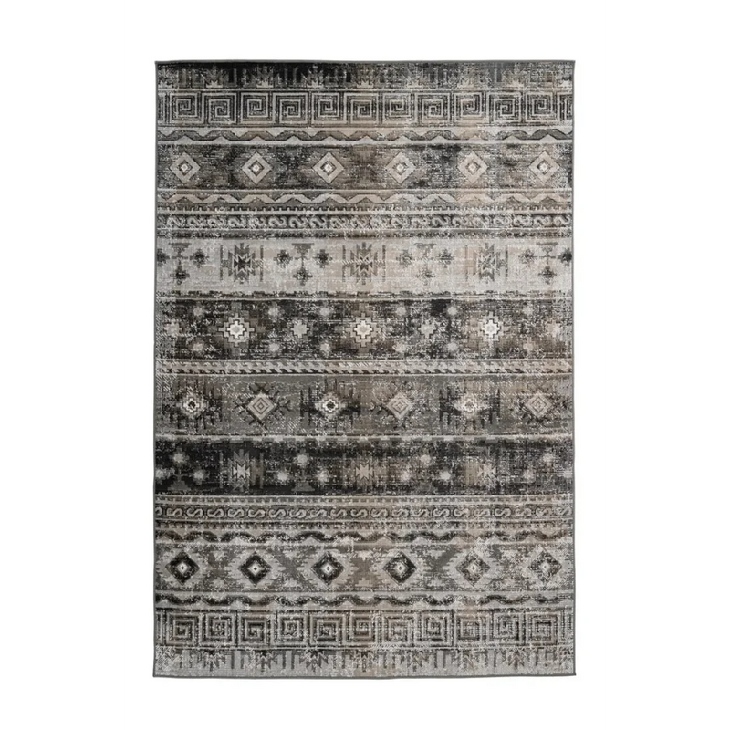 Tapis rectangulaire gris motifs ethniques géométriques