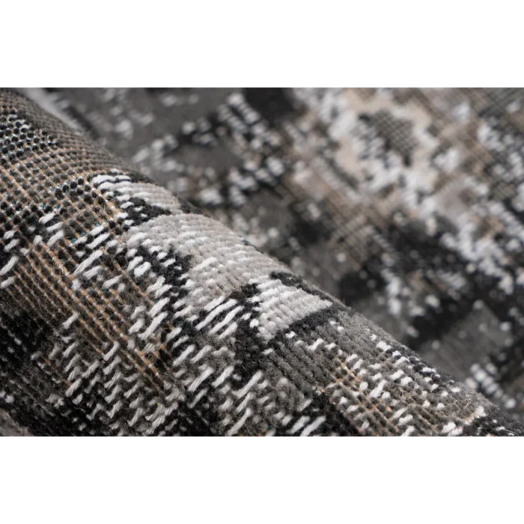 Tapis roulé Ariya 300 Grau avec motif abstrait en gris, noir, blanc et brun