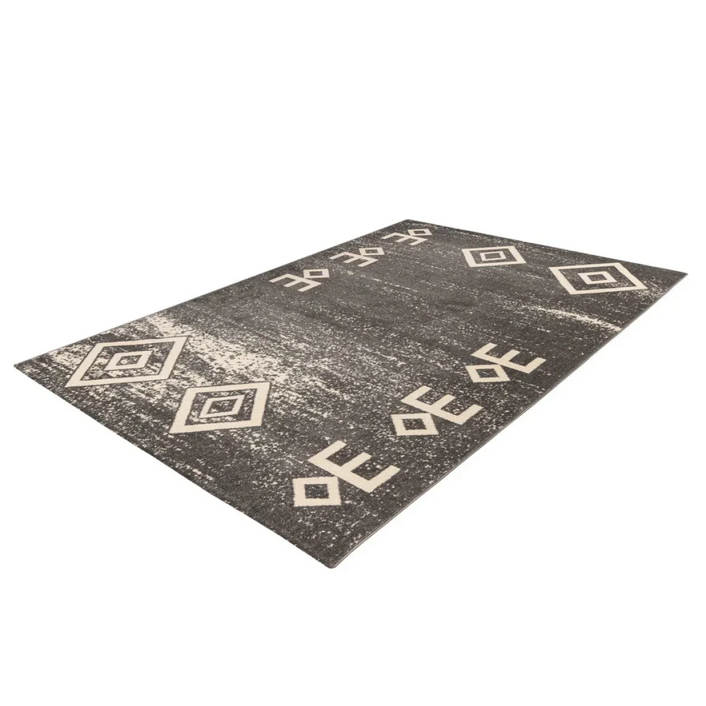 Tapis rectangulaire gris motifs ethniques 80x150 cm avec motifs de diamants et E stylisés