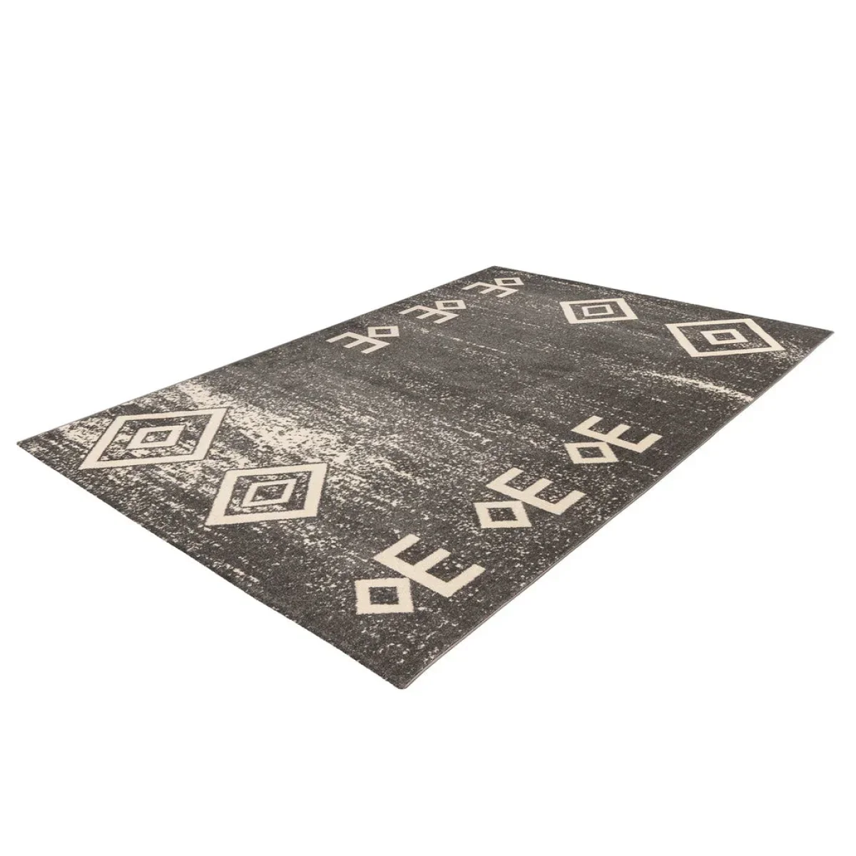Tapis rectangulaire gris motifs ethniques 80x150 cm avec motifs de diamants et E stylisés
