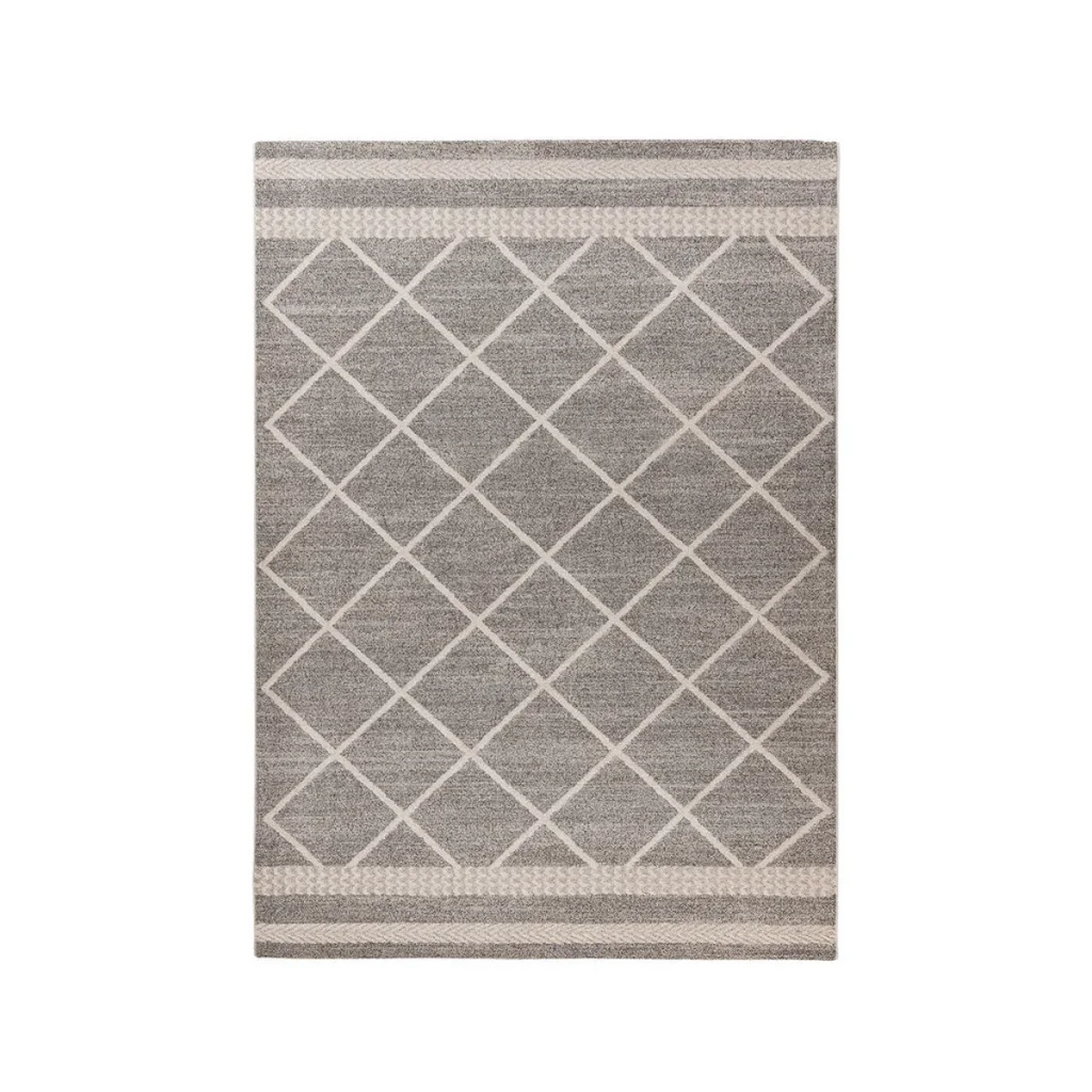 Tapis rectangulaire gris avec motif losange blanc et bordures rayées Rhombus 200