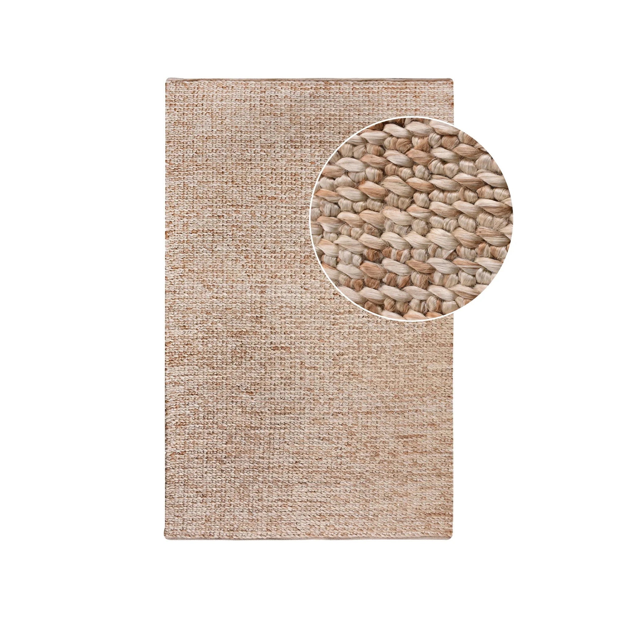 Tapis rectangulaire en jute tressé beige avec section agrandie circulaire pour salon