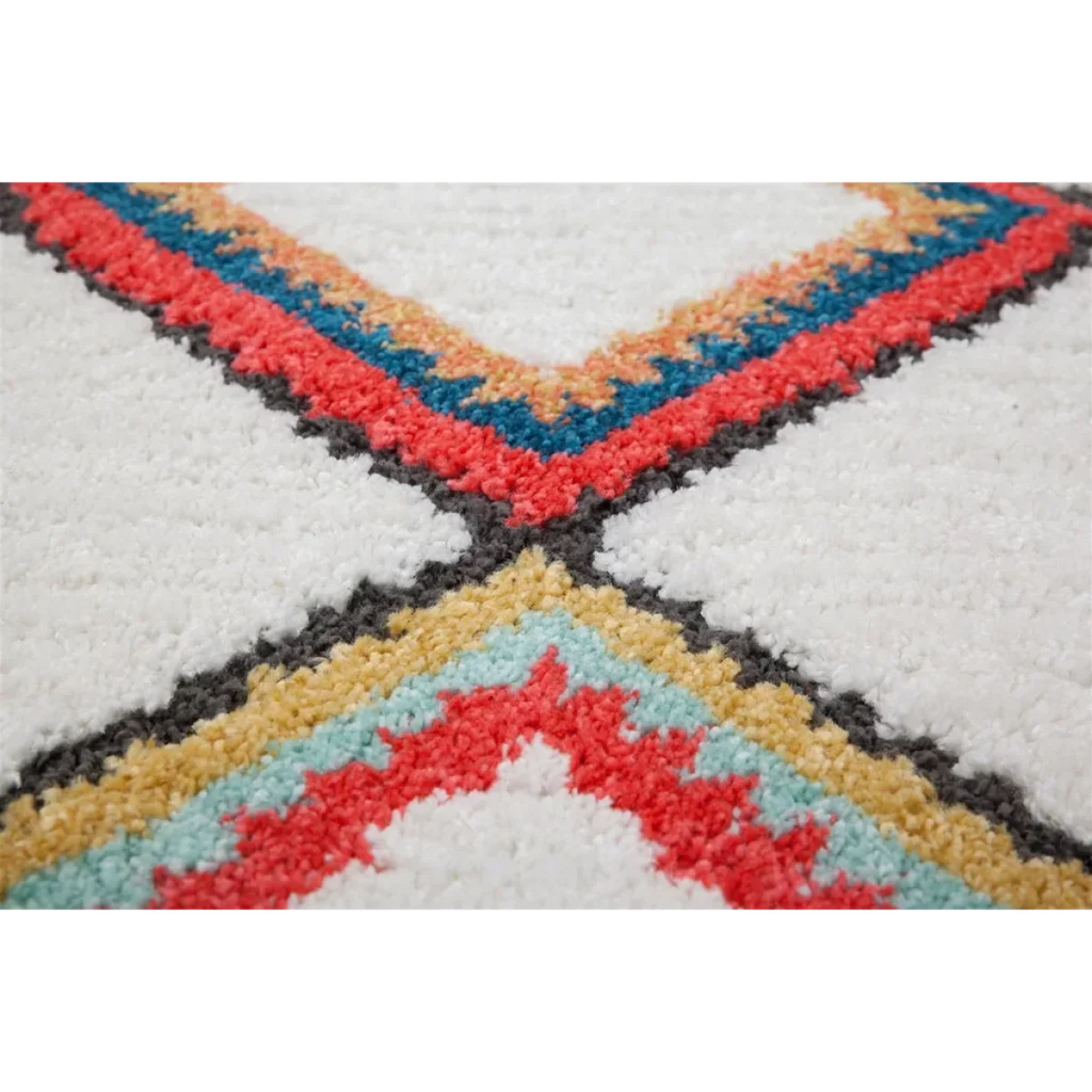 Tapis rectangulaire à motifs géométriques multicolores sur fond blanc 200x290 cm