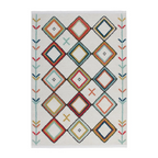 Tapis rectangulaire blanc avec motifs géométriques colorés en diamants et flèches