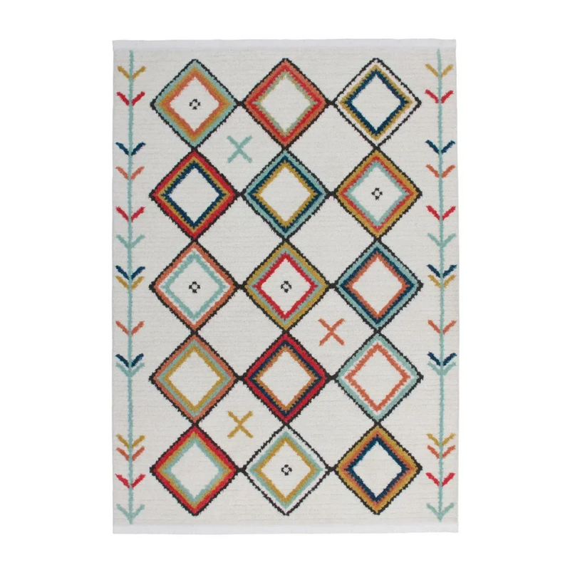 Tapis rectangulaire kilim à motifs géométriques multicolores sur fond blanc
