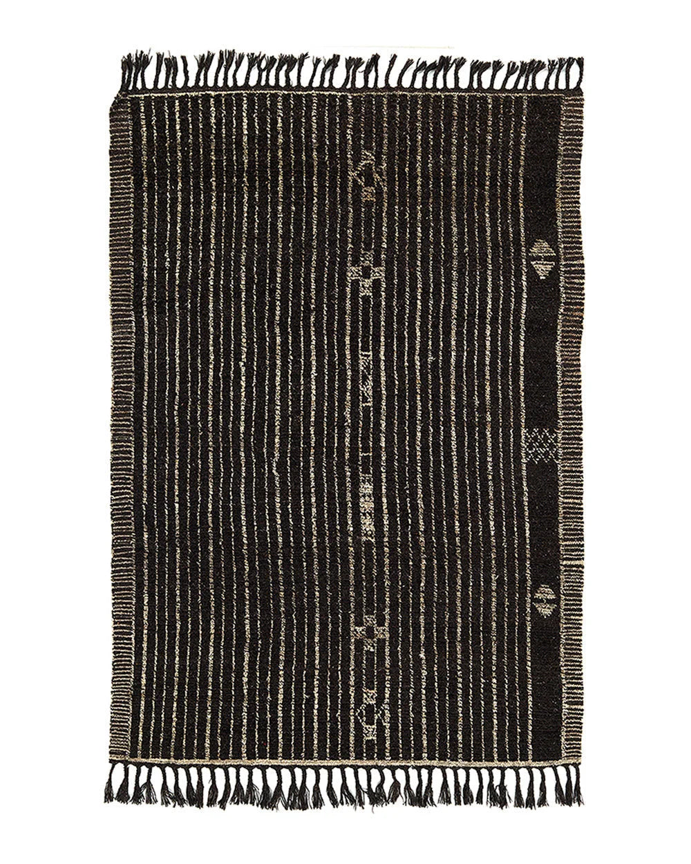 Tapis rectangulaire en laine noir rayé blanc cassé à franges, 309x205 cm