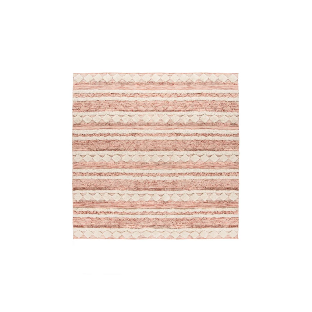 Tapis rectangulaire en laine rose et crème à motif géométrique et rayures pâles