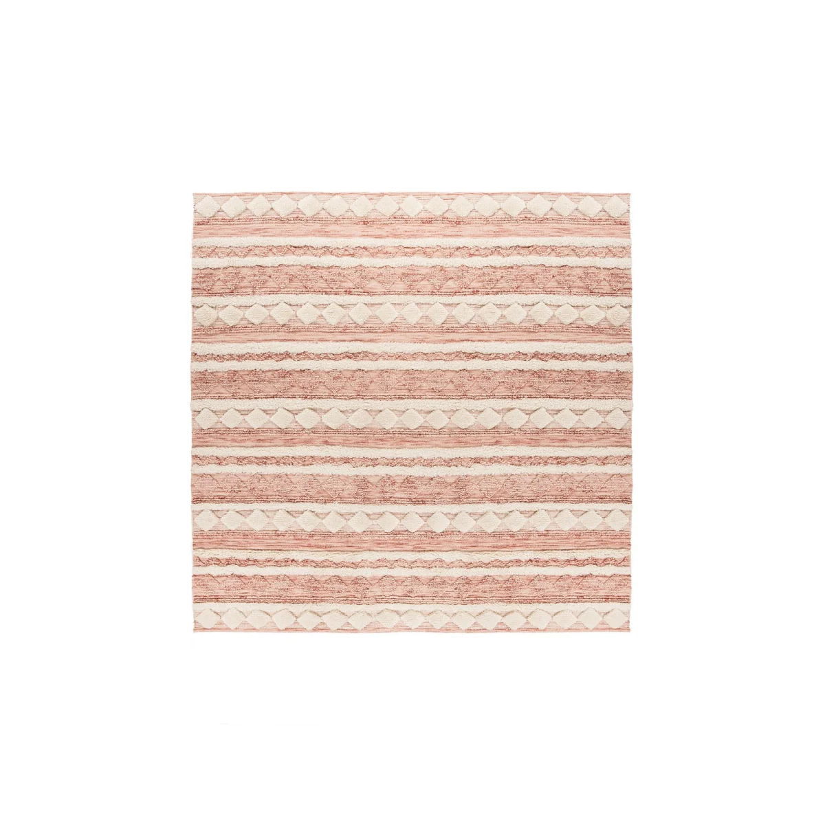 Tapis rectangulaire en laine rose et crème à motif géométrique et rayures pâles