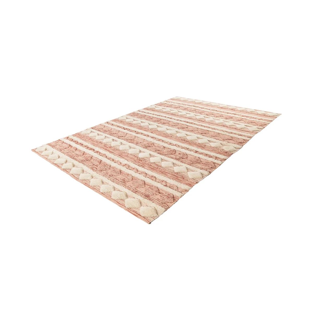 Tapis rectangulaire en laine rose et crème à motif géométrique