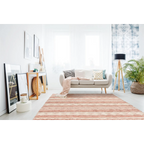 Tapis rectangulaire en laine rose et crème à motifs géométriques pâles et rayures