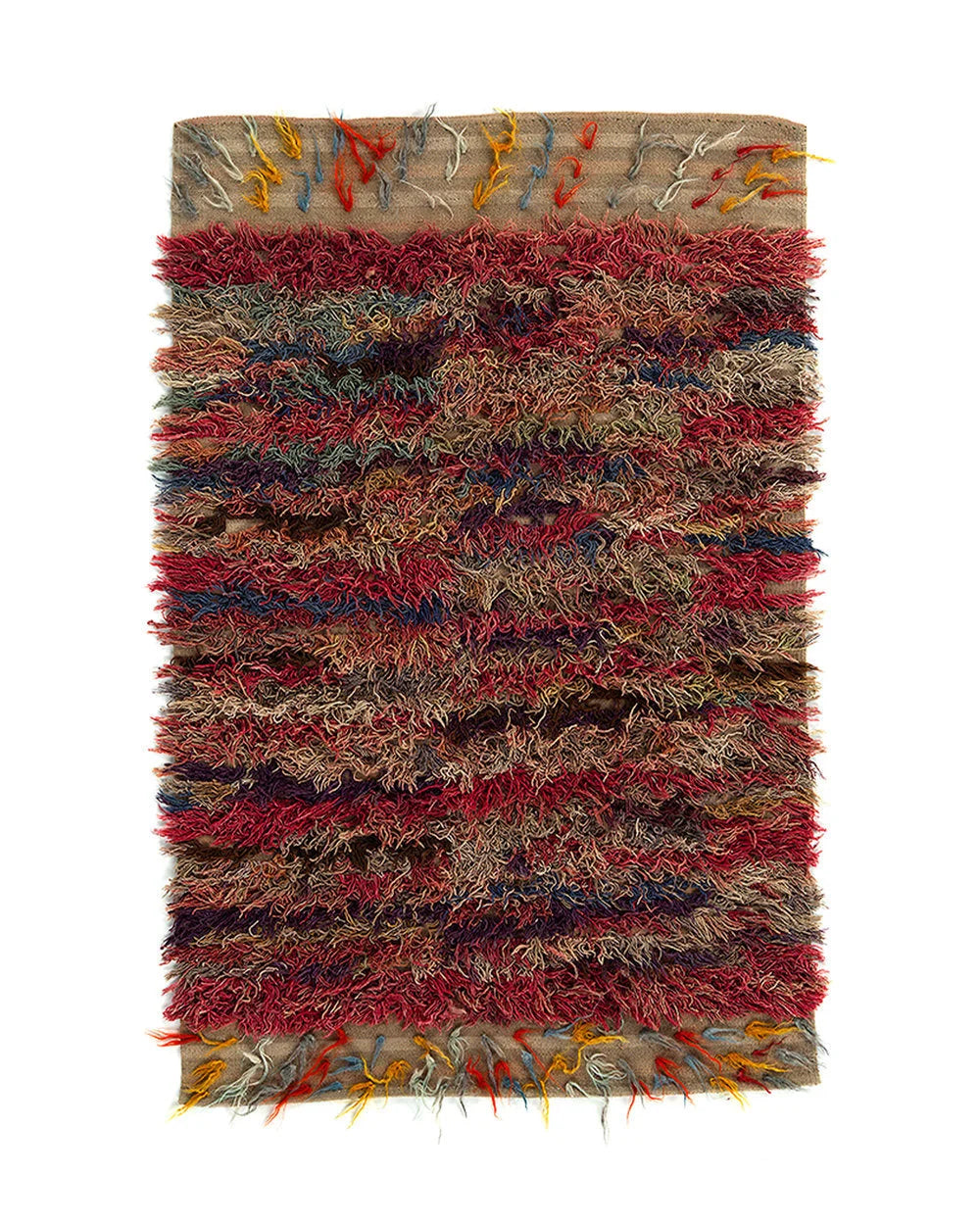 Tapis rectangulaire en laine tissé main rouge bordeaux multicolore, 216x140 cm