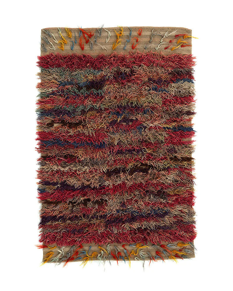 Tapis rectangulaire en laine tissé main rouge bordeaux multicolore – 216x140 cm