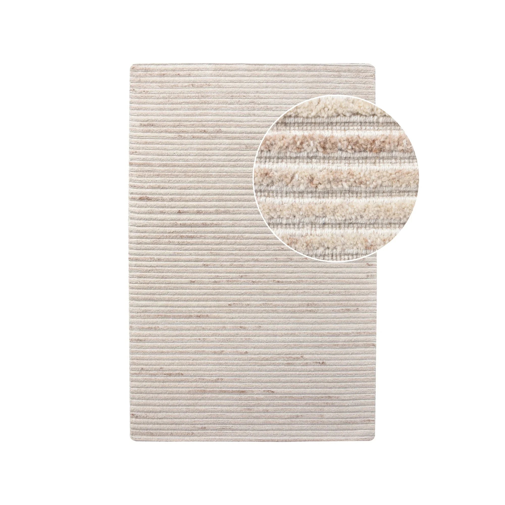 Tapis rectangulaire fait main en laine ivoire à rayures avec texture beige 160x230 cm