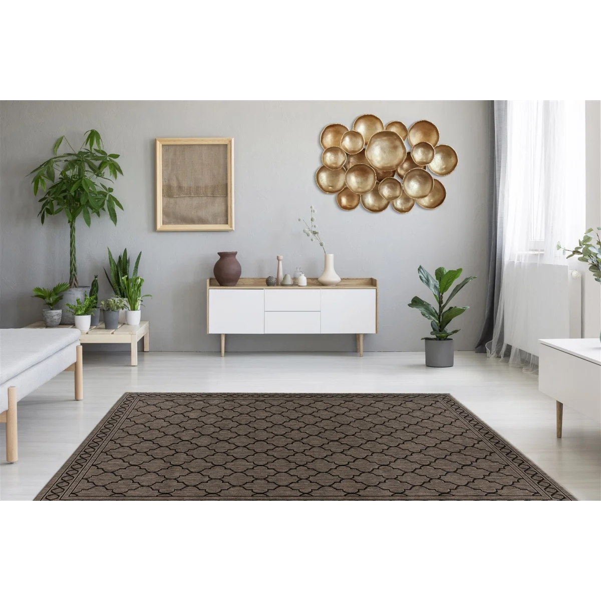 Tapis rectangulaire motif marocain gris brun pour intérieur extérieur avec motif brun