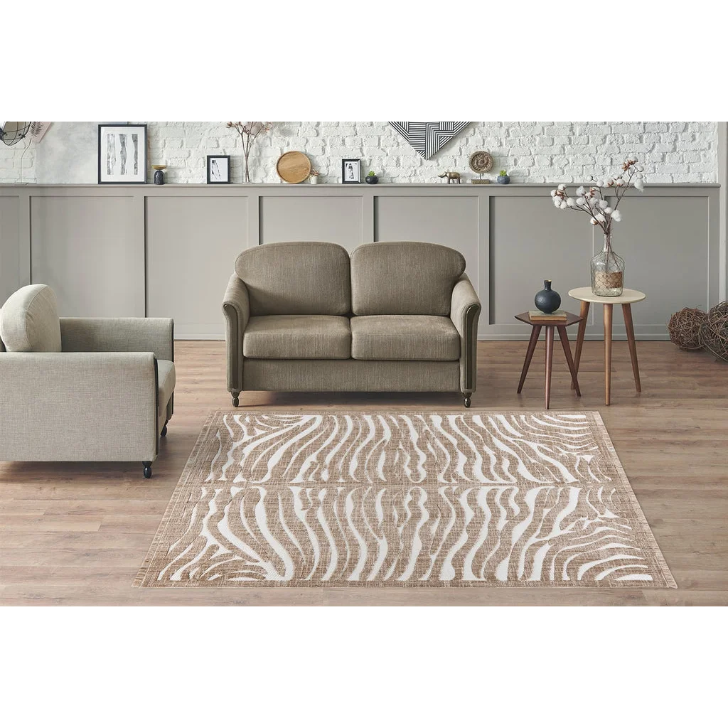 Tapis rectangulaire motif zébré beige et blanc en fibres tissées 80x150 cm