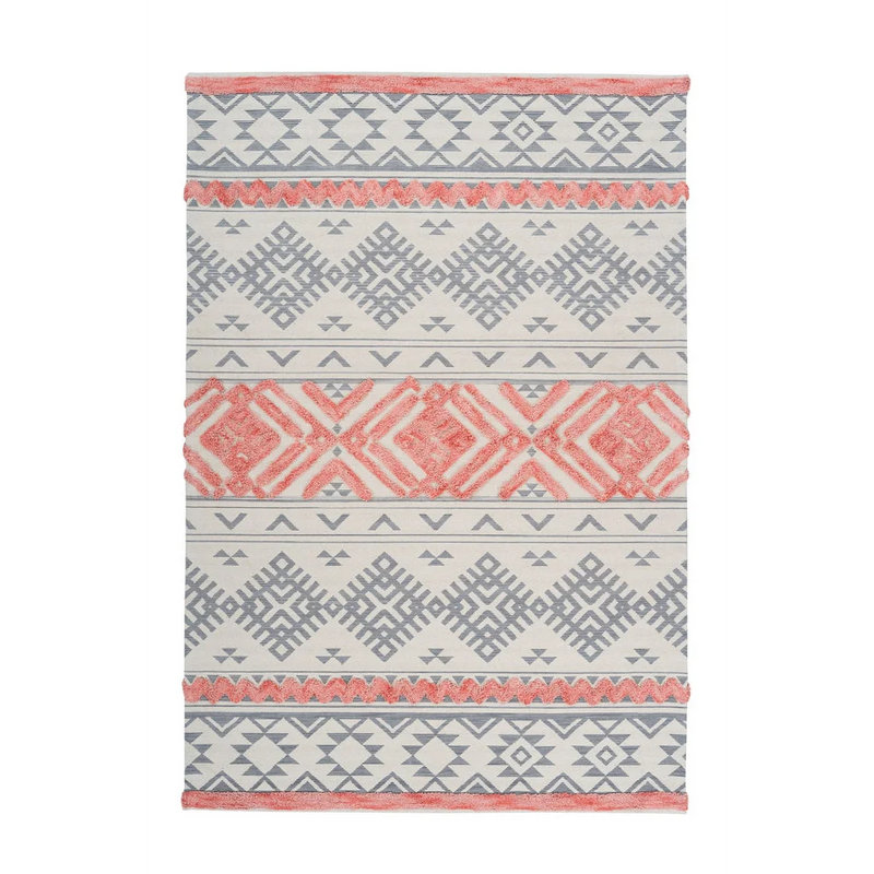Tapis rectangulaire motifs ethniques gris et corail en coton tissé – 200x290 cm