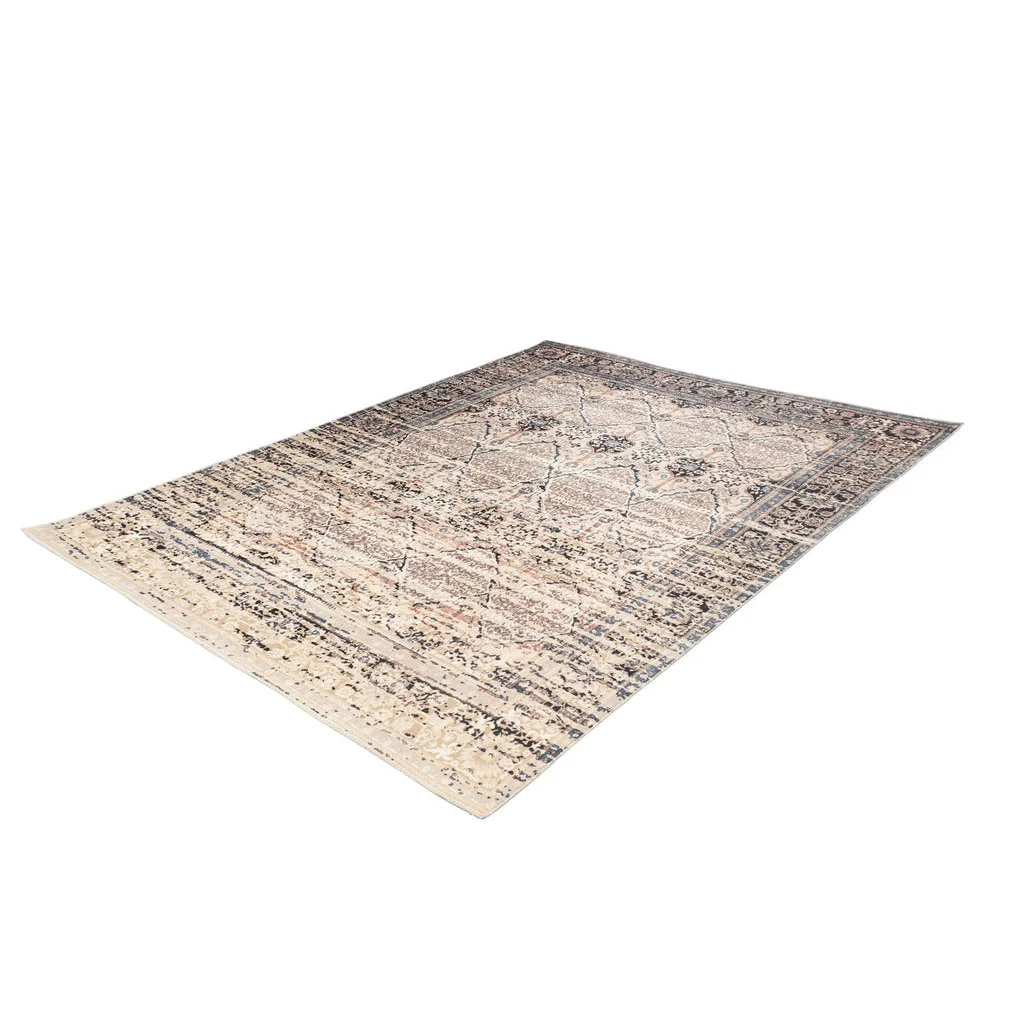 Tapis rectangulaire motifs orientaux beige et bleu, distressed look, 200x290 cm