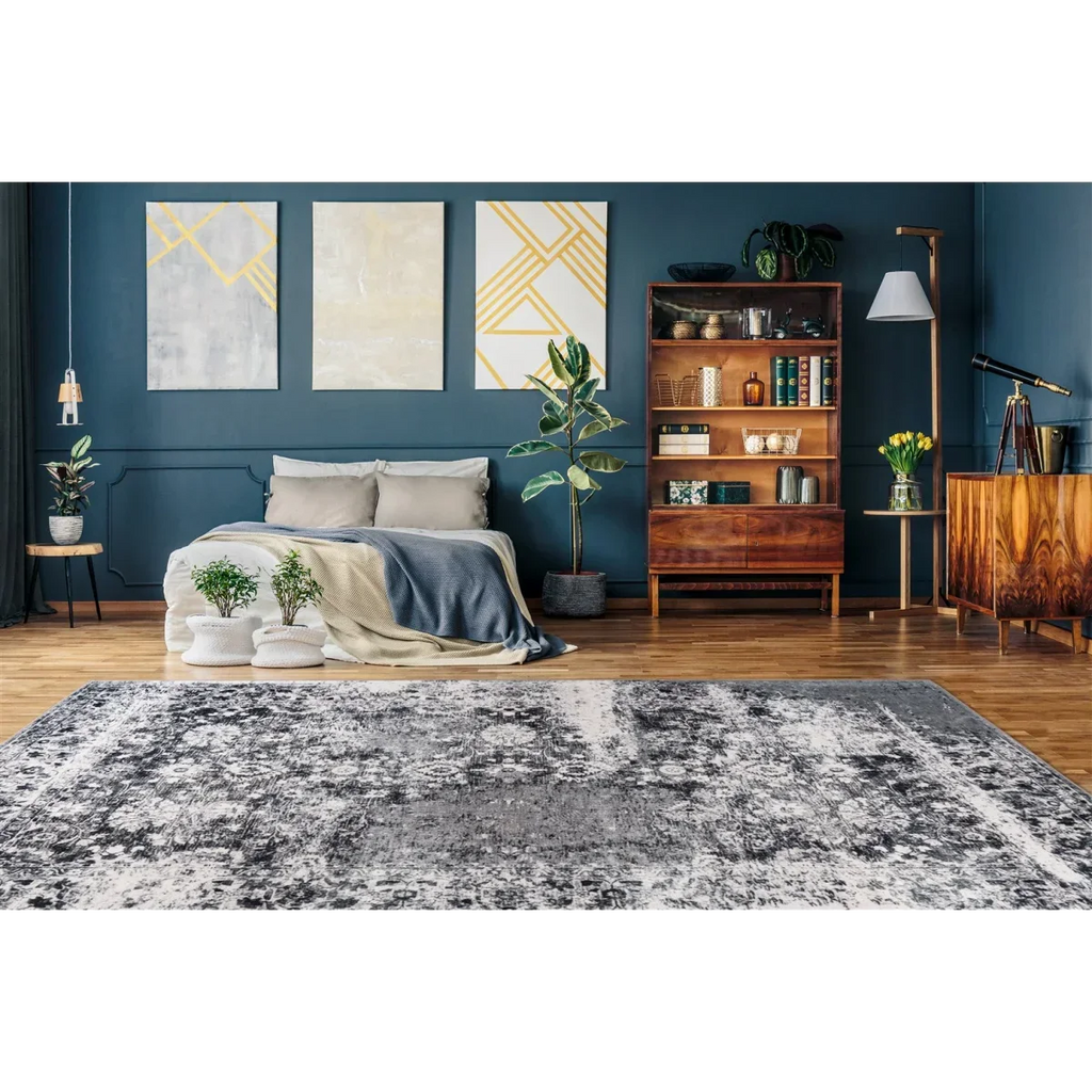 Tapis rectangulaire motifs persans gris et blanc effet vieilli 200x290 cm