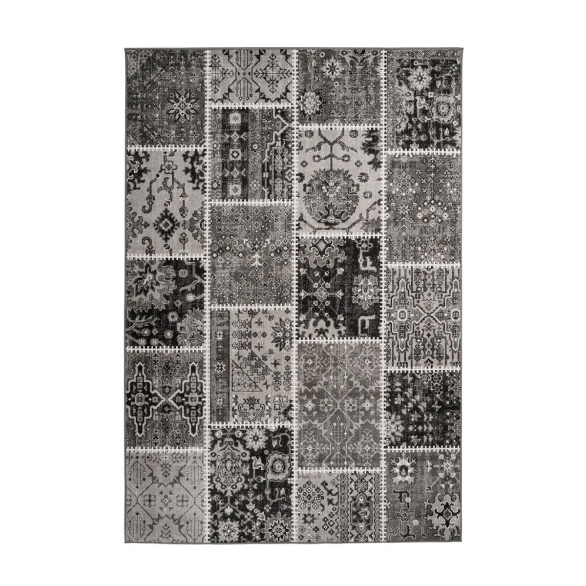 Tapis rectangulaire patchwork à poil court gris et noir avec motifs orientaux 80x150 cm