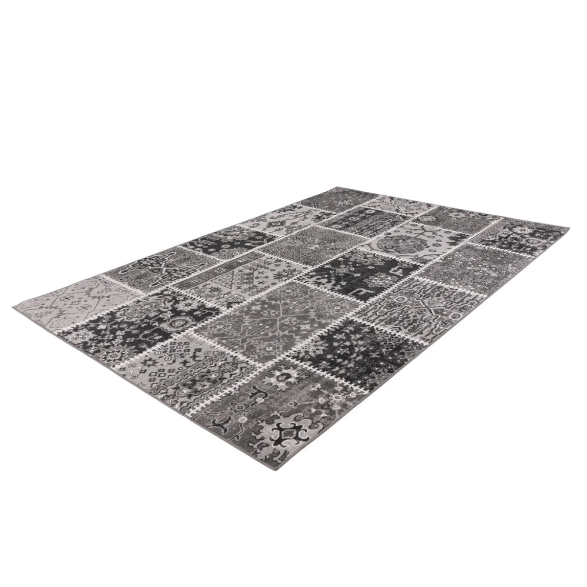 Tapis rectangulaire patchwork à poil court gris motifs orientaux 80x150 cm