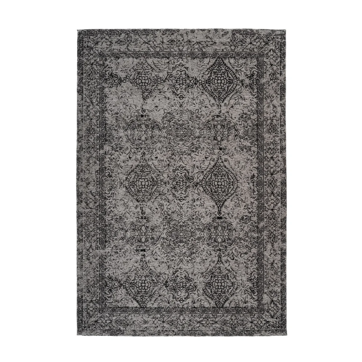Tapis rectangulaire gris et noir avec motifs orientaux, 80x150 cm, aspect distressed