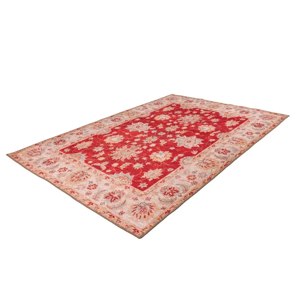 Tapis rectangulaire rouge à motifs floraux orientaux 110x180 cm avec design floral beige