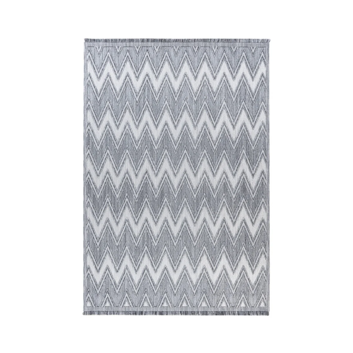Tapis rectangulaire gris et blanc avec motif chevrons et frange, 160x230 cm