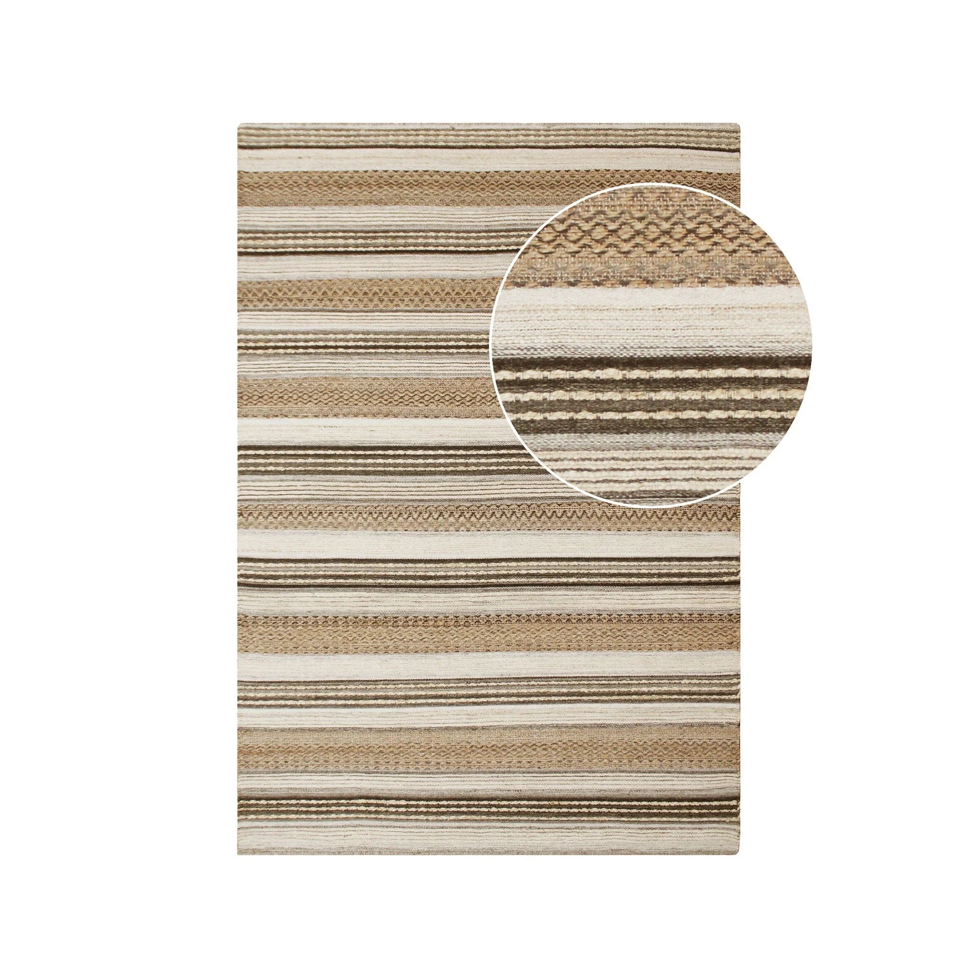 Tapis rectangulaire tissé main en jute et laine à rayures beige et marron