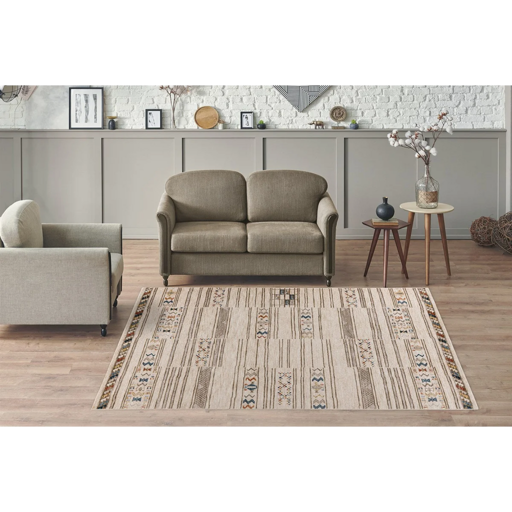 Tapis rectangulaire tissé multicolore en polyester doux avec motif rayé et géométrique