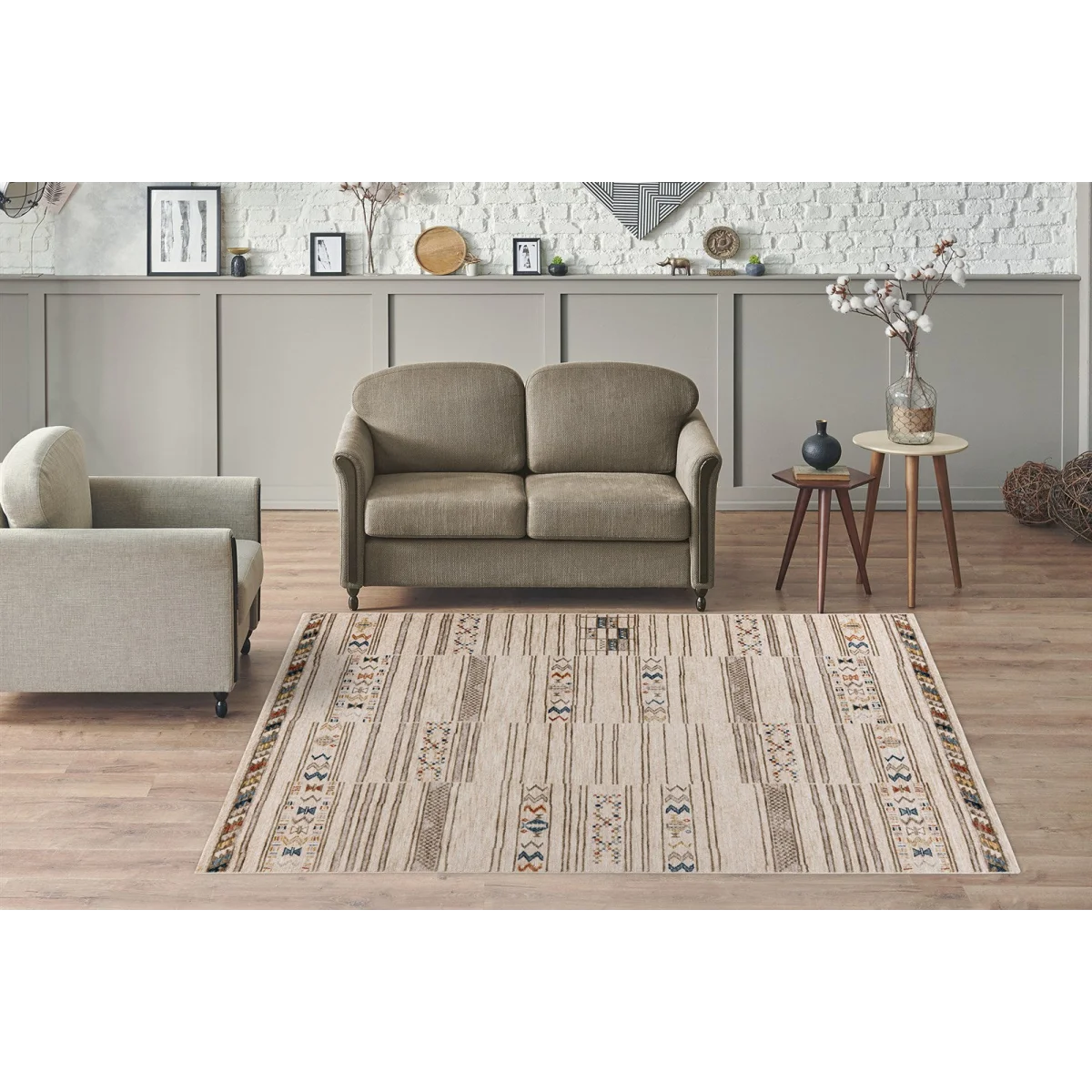 Tapis rectangulaire tissé multicolore en polyester doux avec motif rayé et géométrique