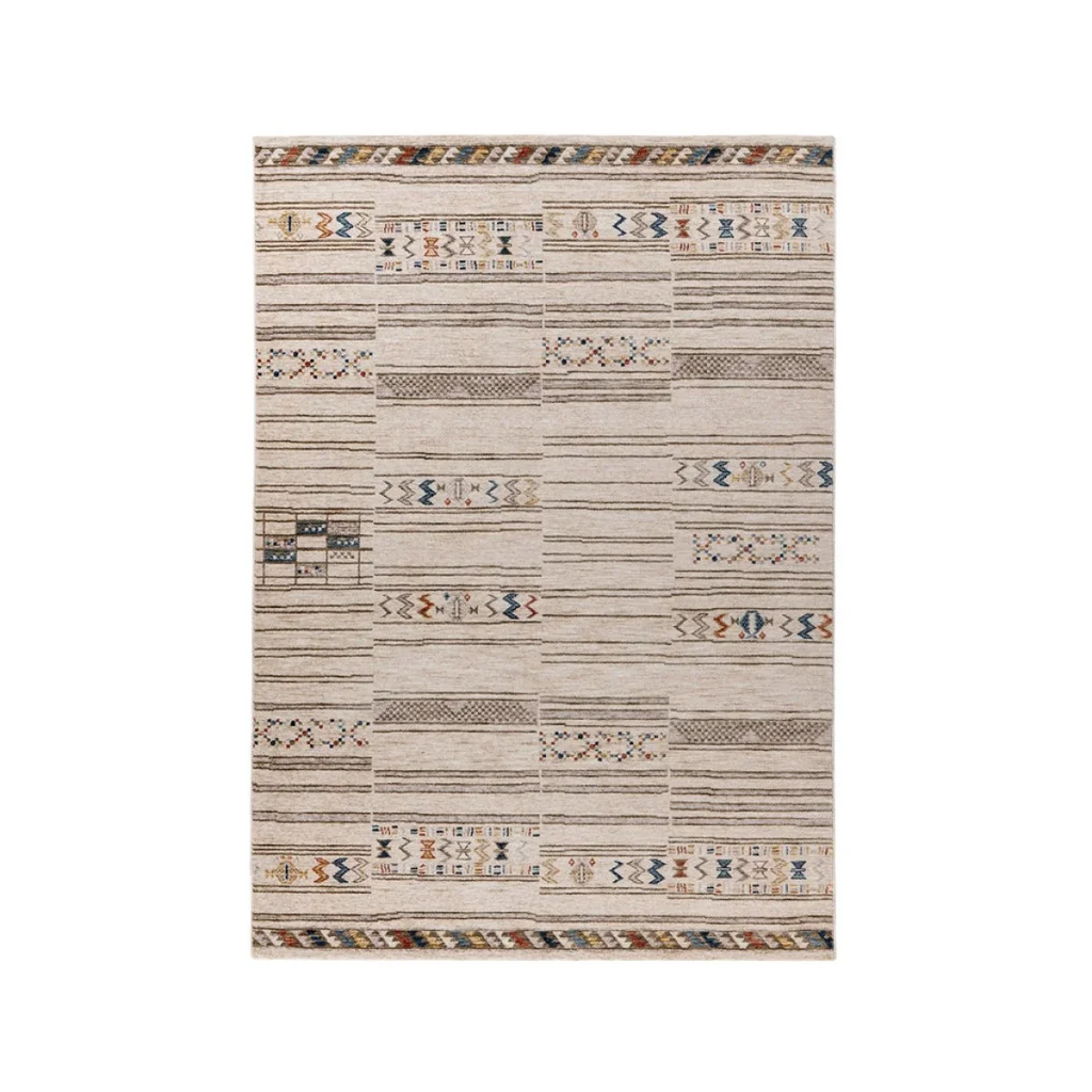 Tapis rectangulaire beige avec motifs graphiques ethniques, 120x170 cm