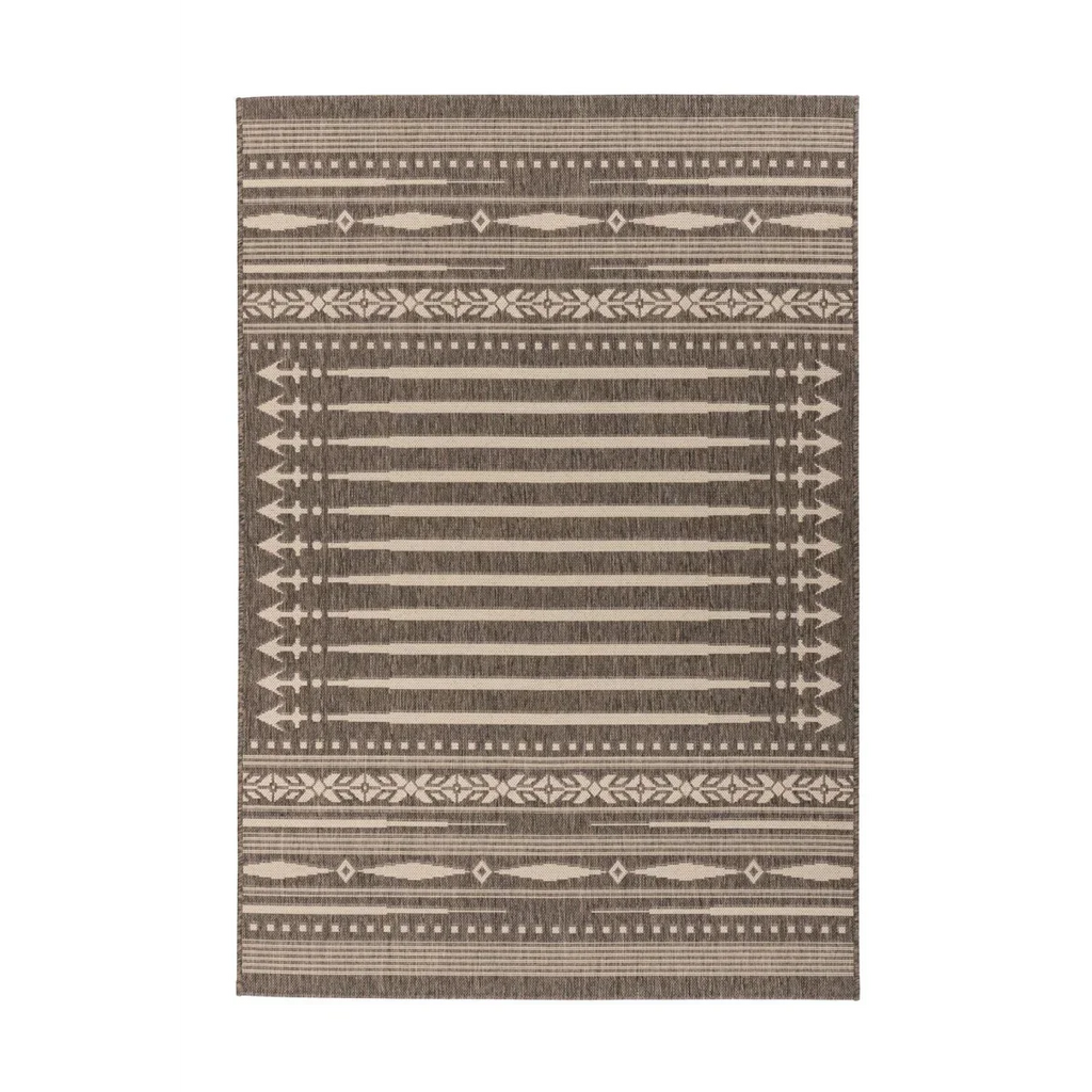 Tapis rectangulaire tissé plat brun motifs crème pour salon 80x150 cm