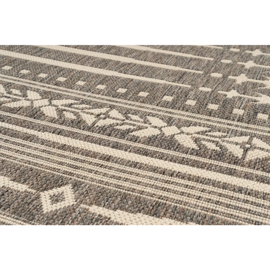 Tapis rectangulaire tissé plat gris blanc avec motifs géométriques et floraux pour salon