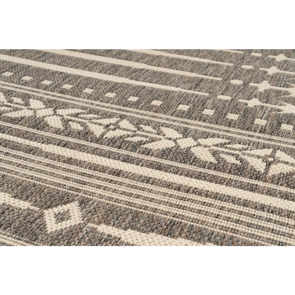 Tapis rectangulaire tissé plat gris blanc avec motifs géométriques et floraux pour salon