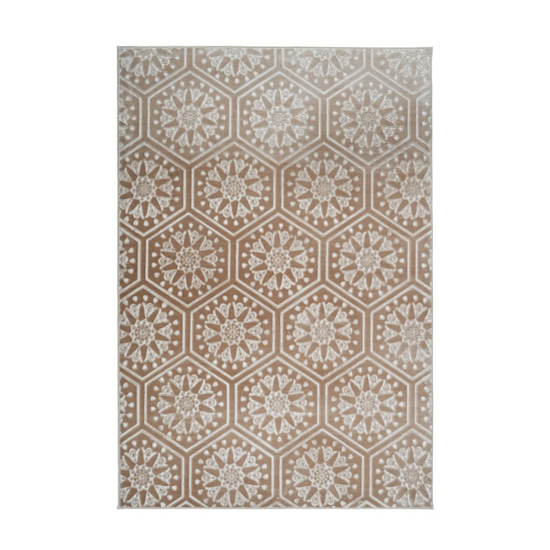Tapis rectangulaire velours taupe à motifs mandala en relief