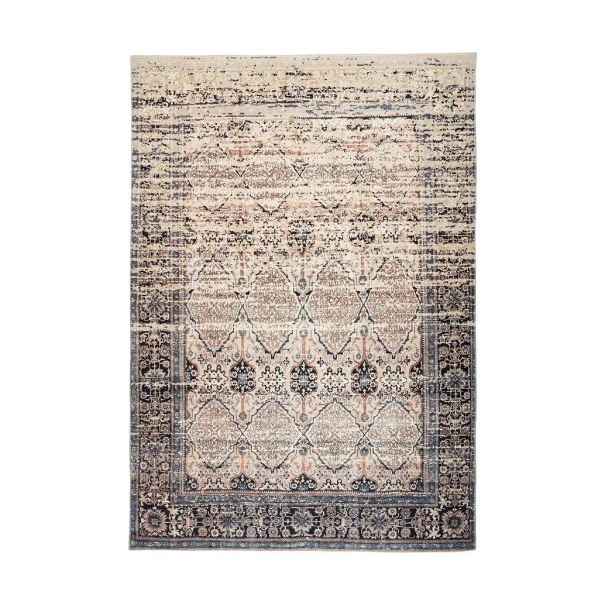 Tapis rectangulaire beige et bleu motif oriental avec motifs floraux et medaillons