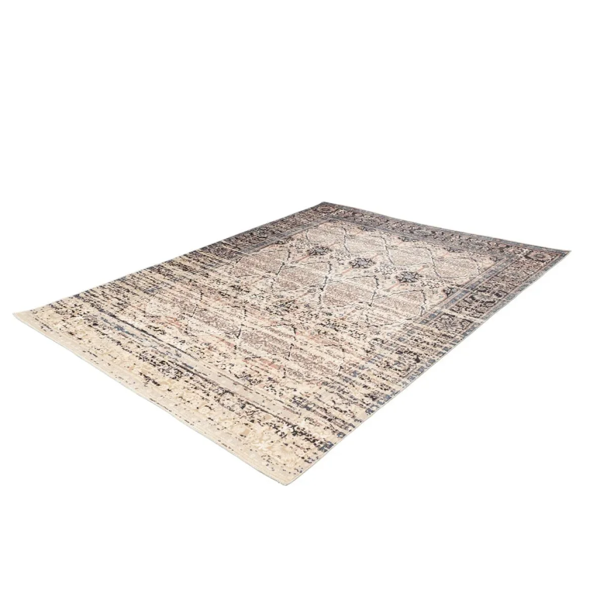 Tapis rectangulaire beige et bleu avec motif oriental, border et médaille centrale