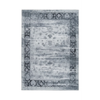Tapis rectangulaire vintage gris et bleu avec motif floral délavé et bord décoratif