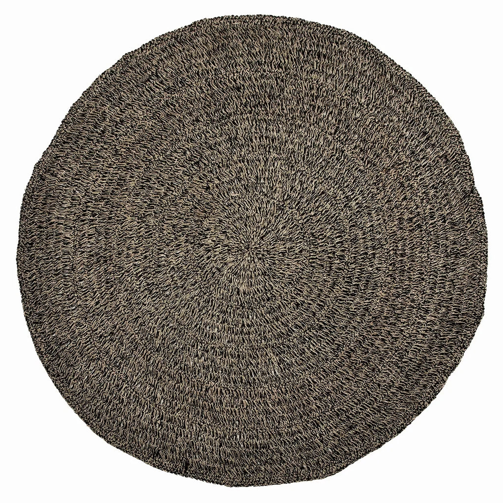 Tapis rond en herbe marine et raphia noir naturel, diamètre 200 cm