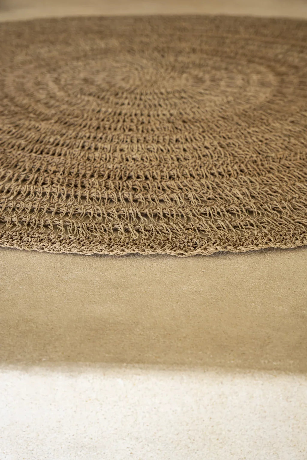 Tapis rond en herbiers marins naturel 150 cm, style bohème, tapis enroulé