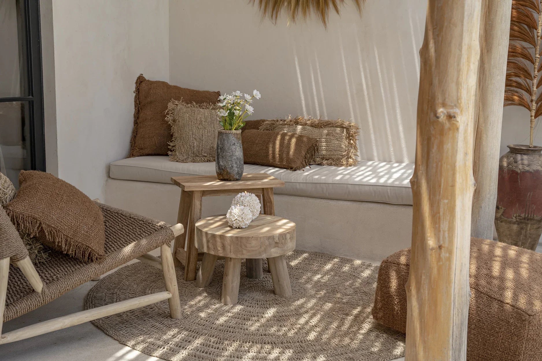 Tapis rond en herbiers marins naturel 150 cm pour espace bohème extérieur
