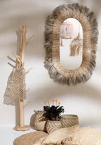 Miroir ovale avec cadre en raffia fringé style bohème pour Tapis rond en jacinthe d’eau