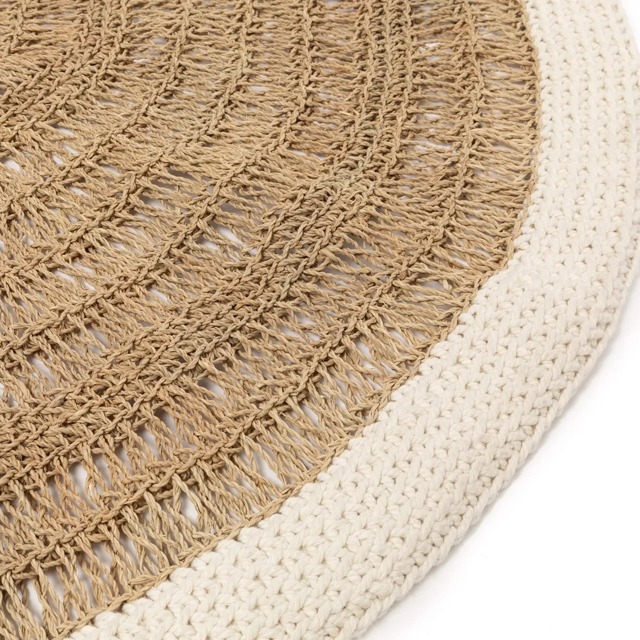 Tapis rond en jonc de mer et coton, 100 cm blanc naturel, texture tissée à franges