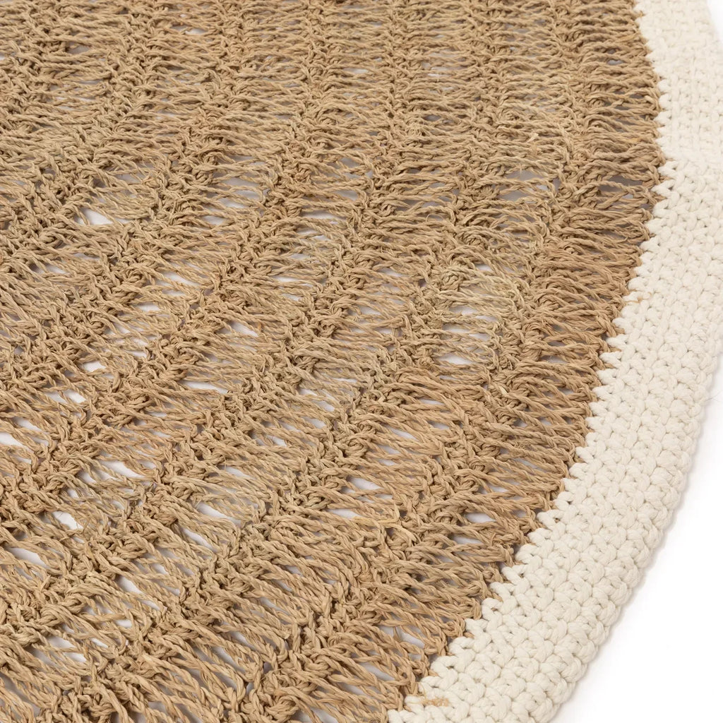 Tapis rond en jonc de mer et coton blanc naturel avec bord léger 150 cm