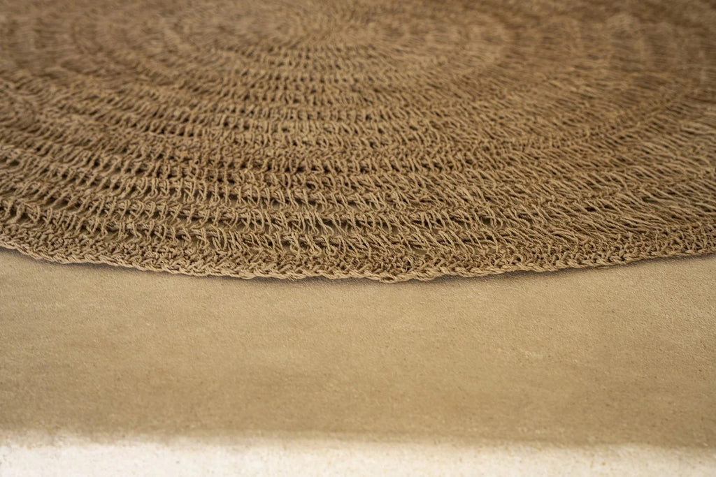 Tapis rond en jonc de mer naturel 100 cm style bohème, crochetage serré et naturel