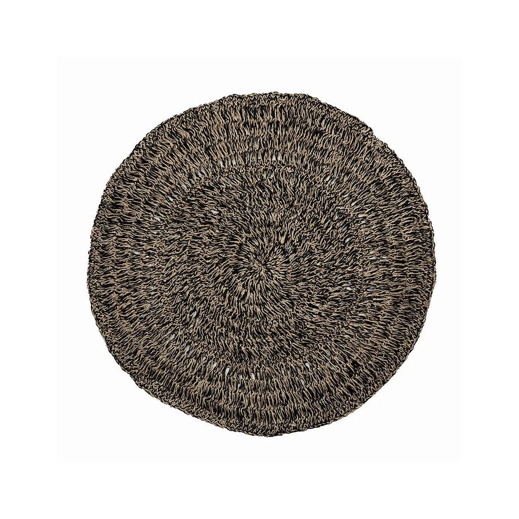 Tapis rond en jonc de mer et raphia noir naturel avec motif en spirale, 100 cm