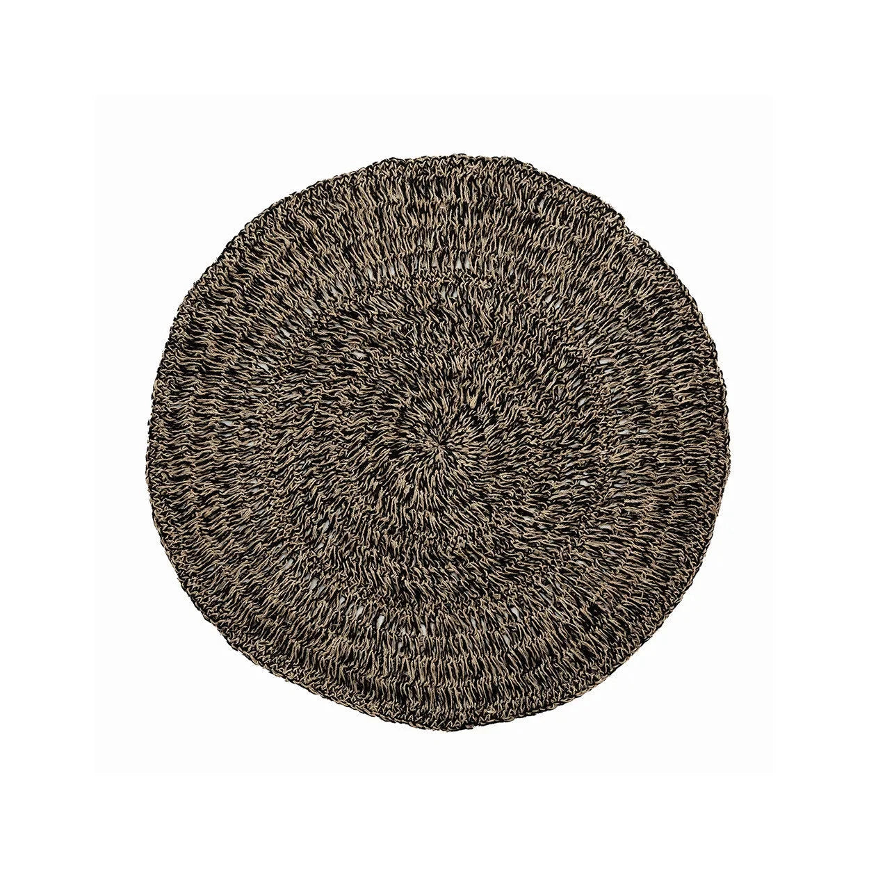 Tapis rond en jonc de mer et raphia noir naturel avec motif en spirale, 100 cm