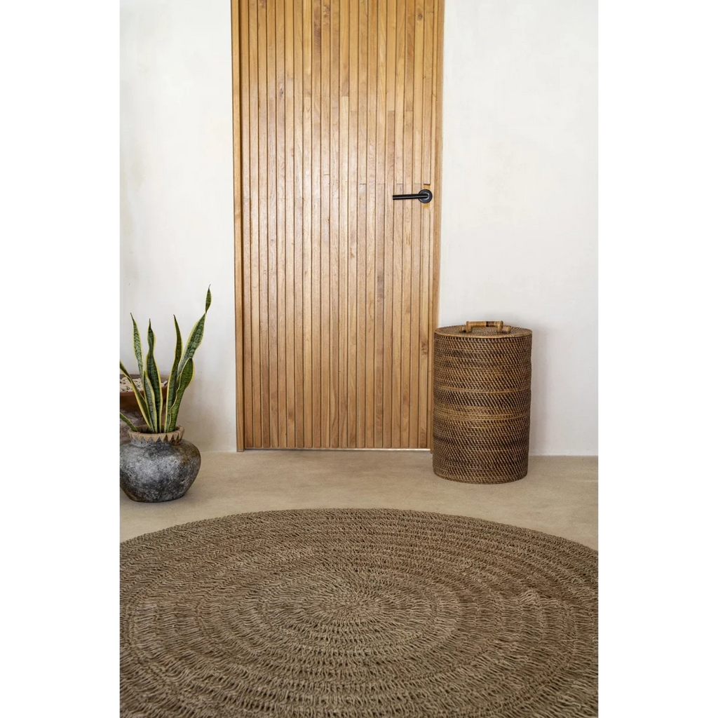 Tapis rond en jonc de mer tressé avec motif cercles naturels, diamètre 200 cm